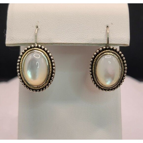Vintage Sterling Silver Mother Of Pearl Wire Clip Earrings 1" Long 5/8" Wide - Picture 1 of 5